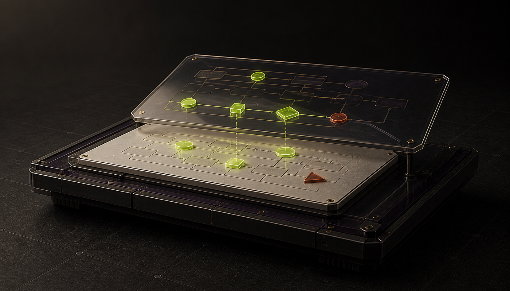 A premium obsidian operating change table with two translucent workflow plans aligned before and after a release. Lime markers show moved workflow fields, while aubergine and rust controls remain visible.