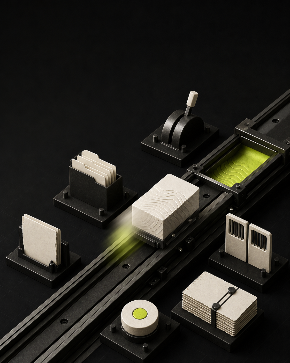 An ivory model module moves through a dark changeover rail while six surrounding workflow-control objects remain fixed.