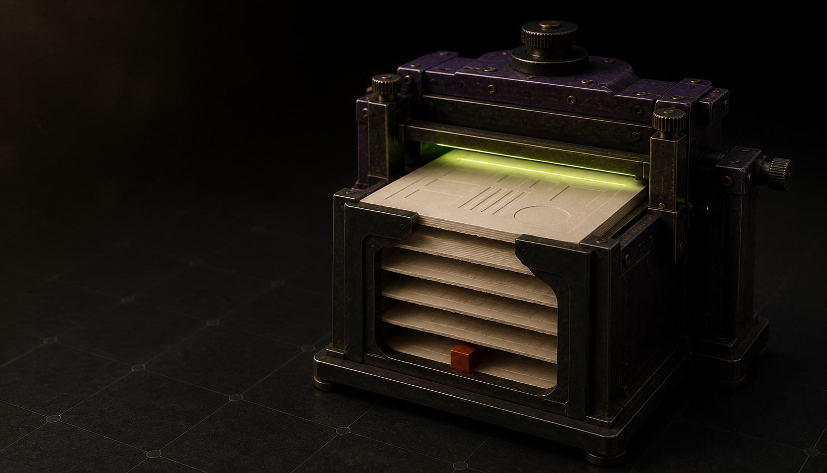 A tactile aubergine and dark metal evidence depth scanner holding a thick stack of ivory paper, with a lime scan line reaching the top sheet and deeper paper layers remaining visible.