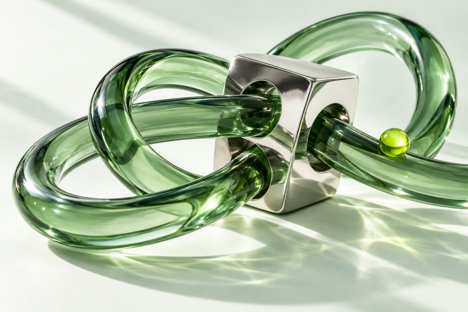 Sculptural green glass pathways joining through a silver block, an artistic metaphor for connected operations.