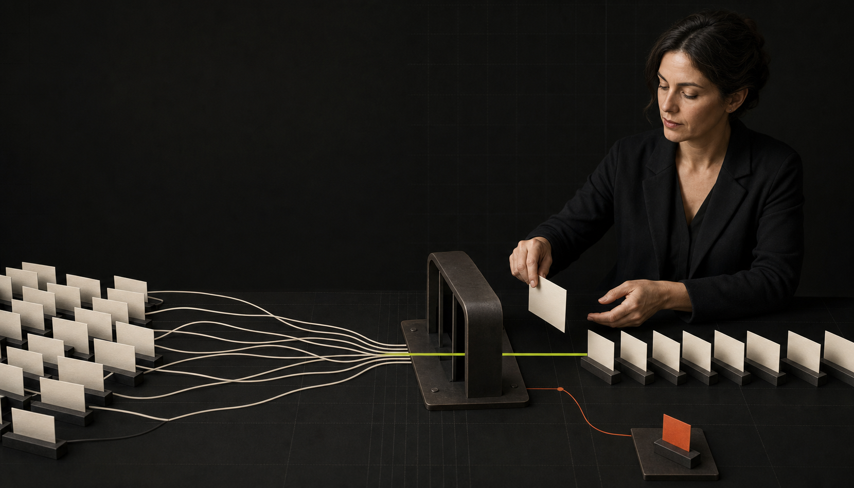 An operations leader routes customer requests through a controlled decision gate, with a human exception path.