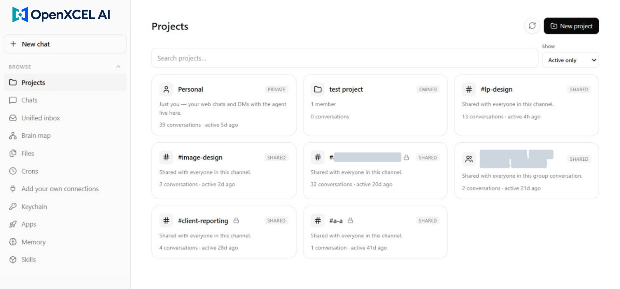 Branding-adapted AI workspace view showing personal, shared channel and group projects