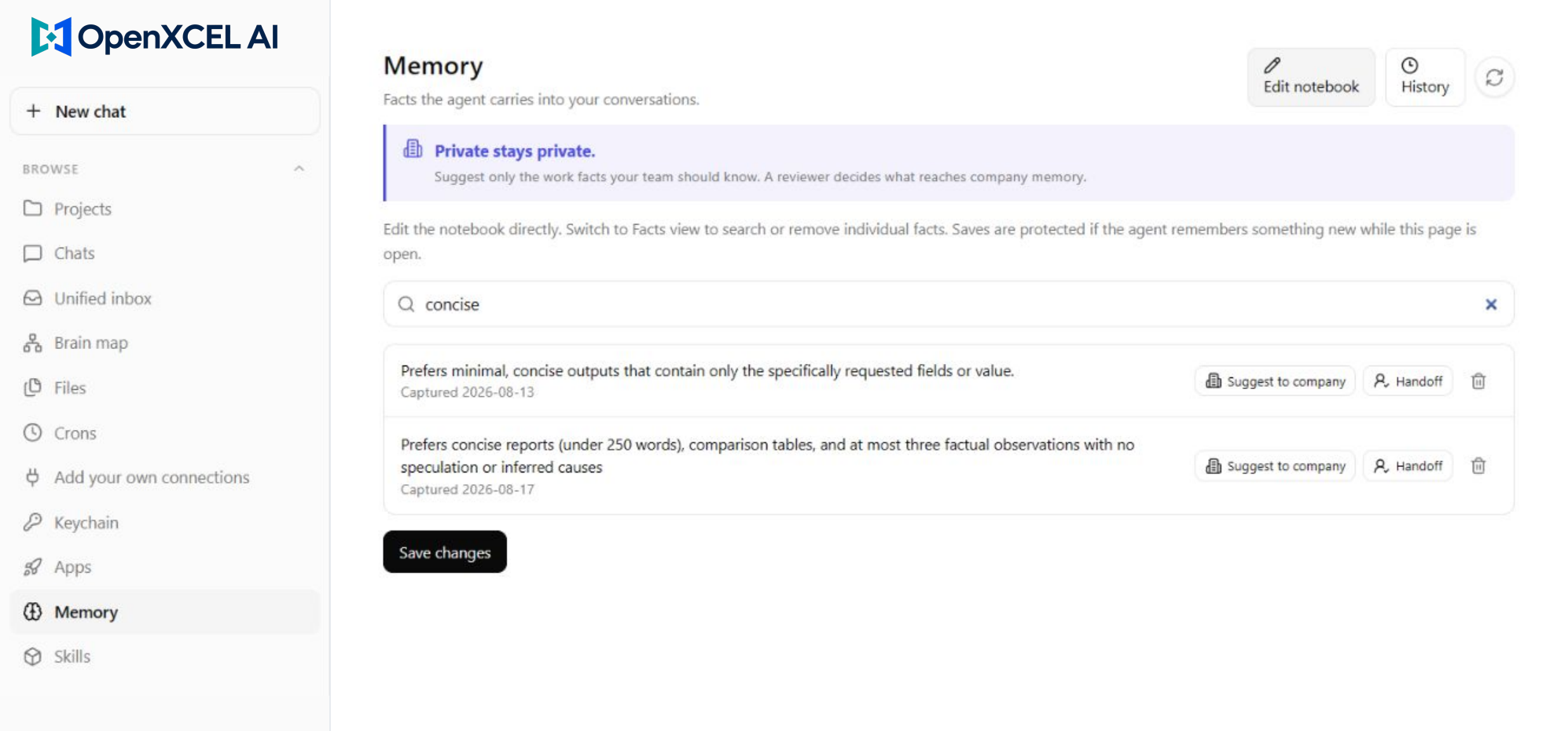 Real memory interface with searchable facts, Suggest to company and Handoff controls