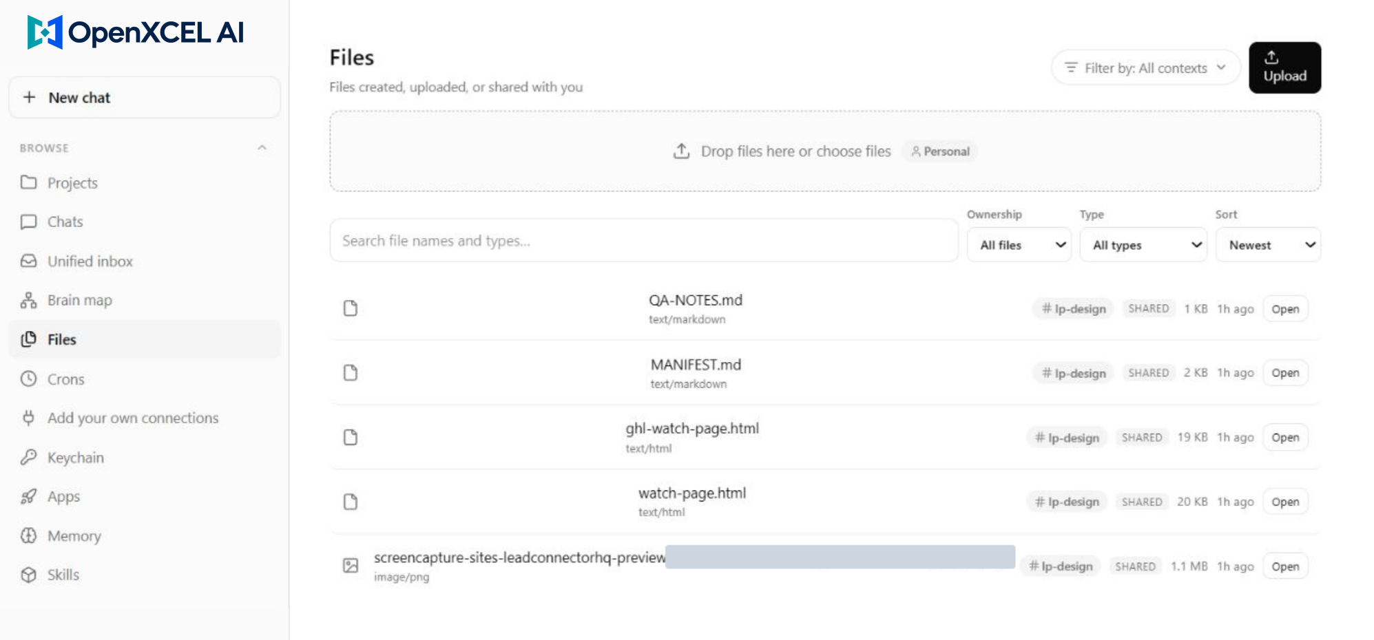 Branding-adapted Files view containing page files, CRM fragments, QA notes and a manifest