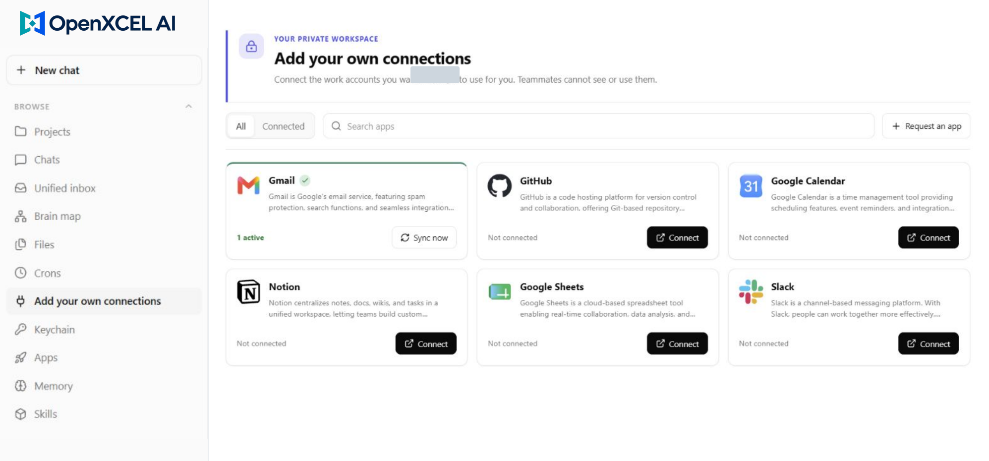 Branding-adapted Connections view with selected private details masked