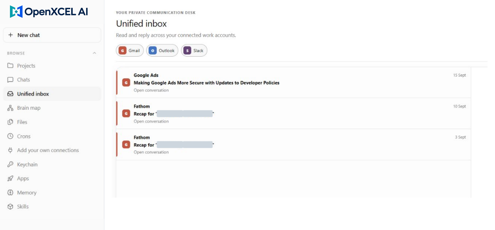 Branding-adapted Unified inbox view with selected private details masked