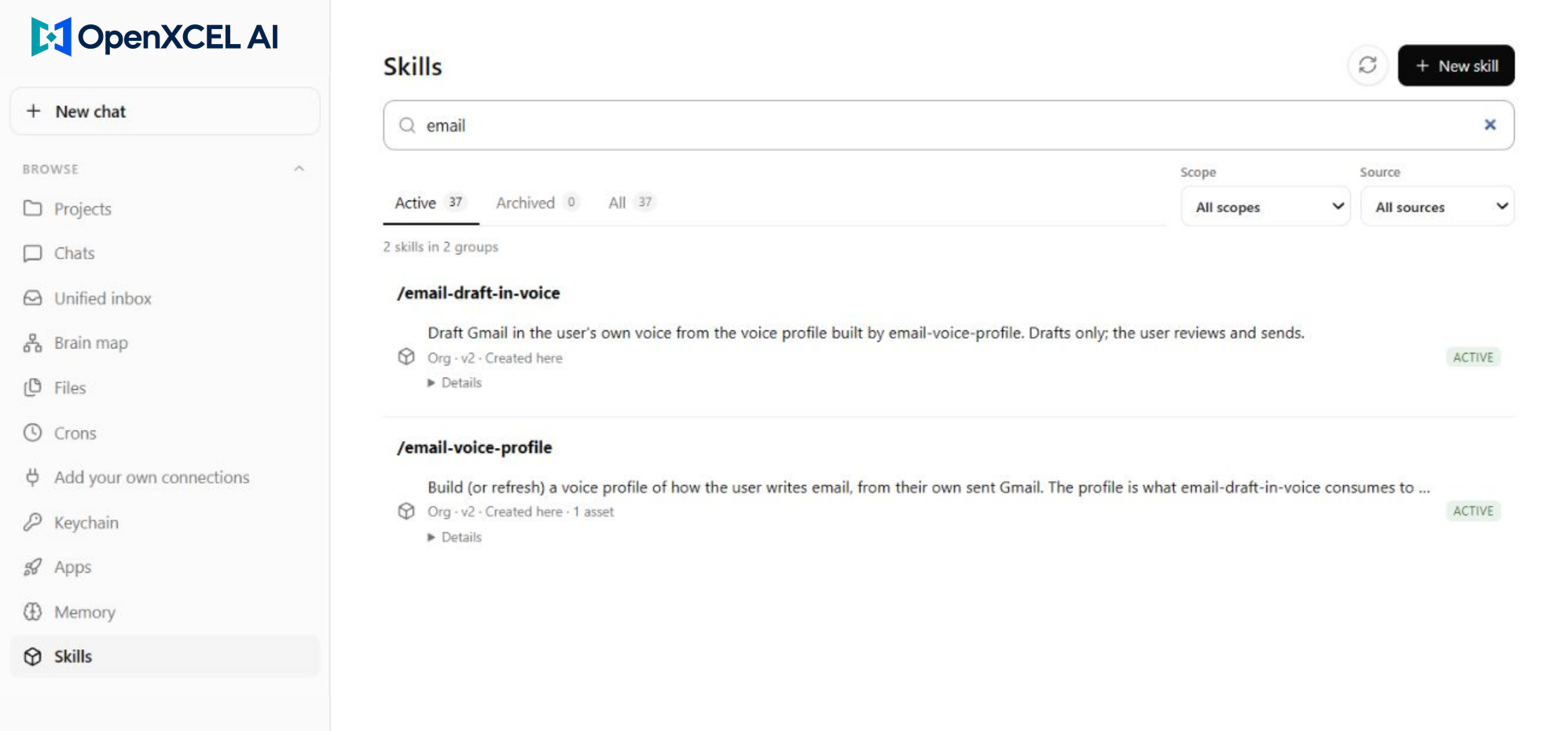 Branding-adapted Skills view with selected private details masked