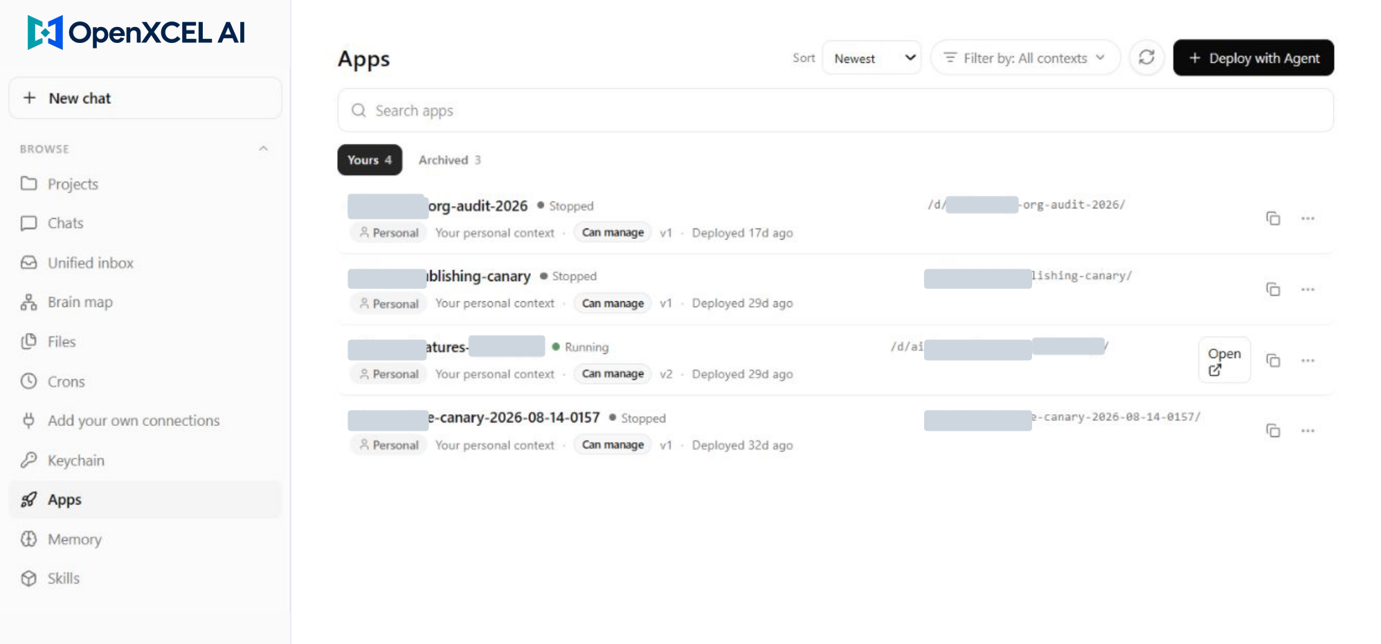 Branding-adapted Apps view with selected private details masked