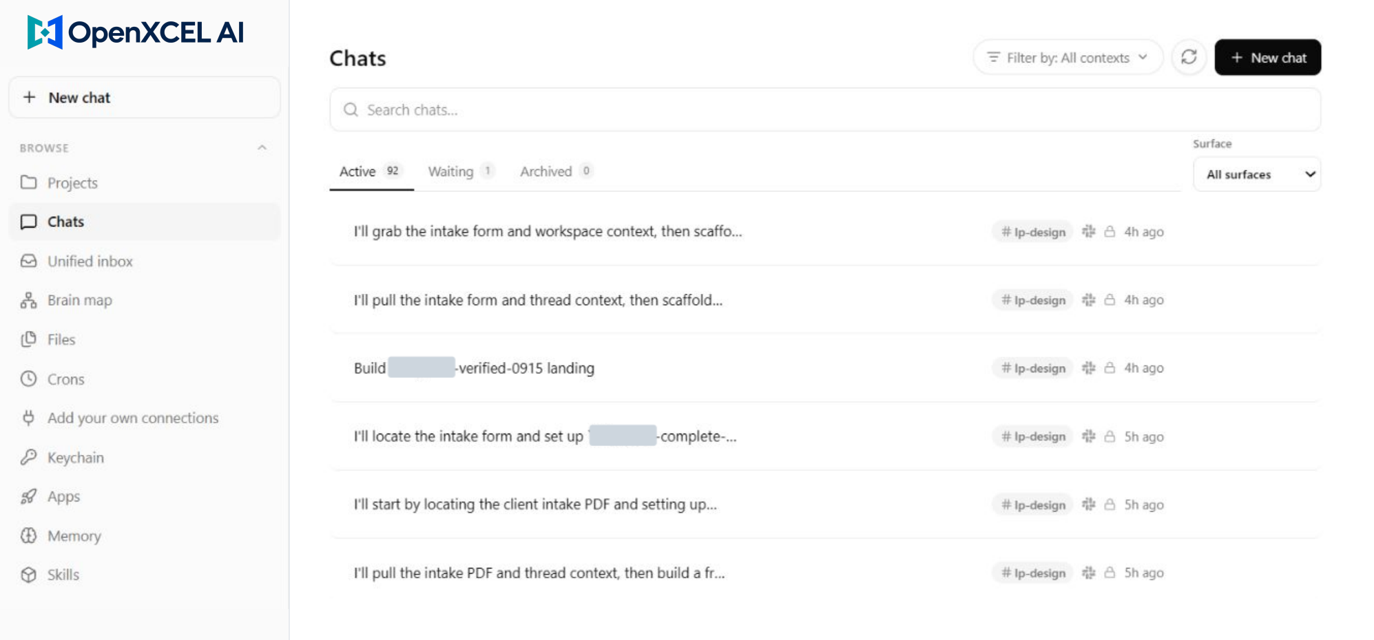 Branding-adapted Chats view with selected private details masked