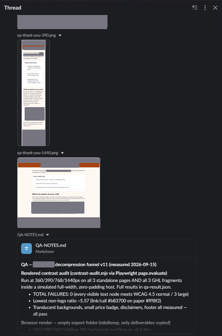 Privacy-masked landing-page Slack workflow with attached page previews and quality-assurance notes