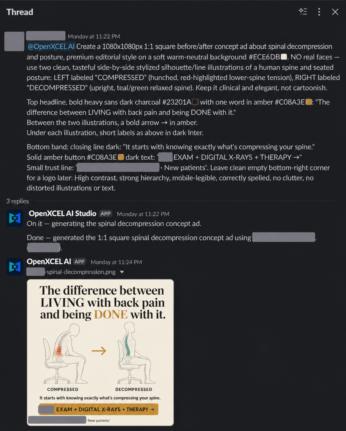 Branding-adapted image-design Slack workflow with a creative brief and the returned image
