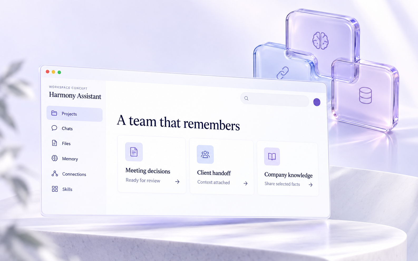 Harmony Assistant configuration concept for meeting decisions, handoffs and company knowledge
