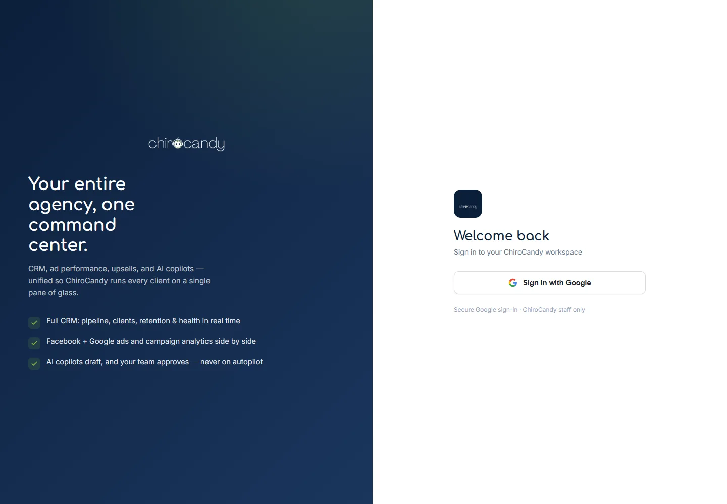 ChiroCandy AI operations staff access screen with no client records visible
