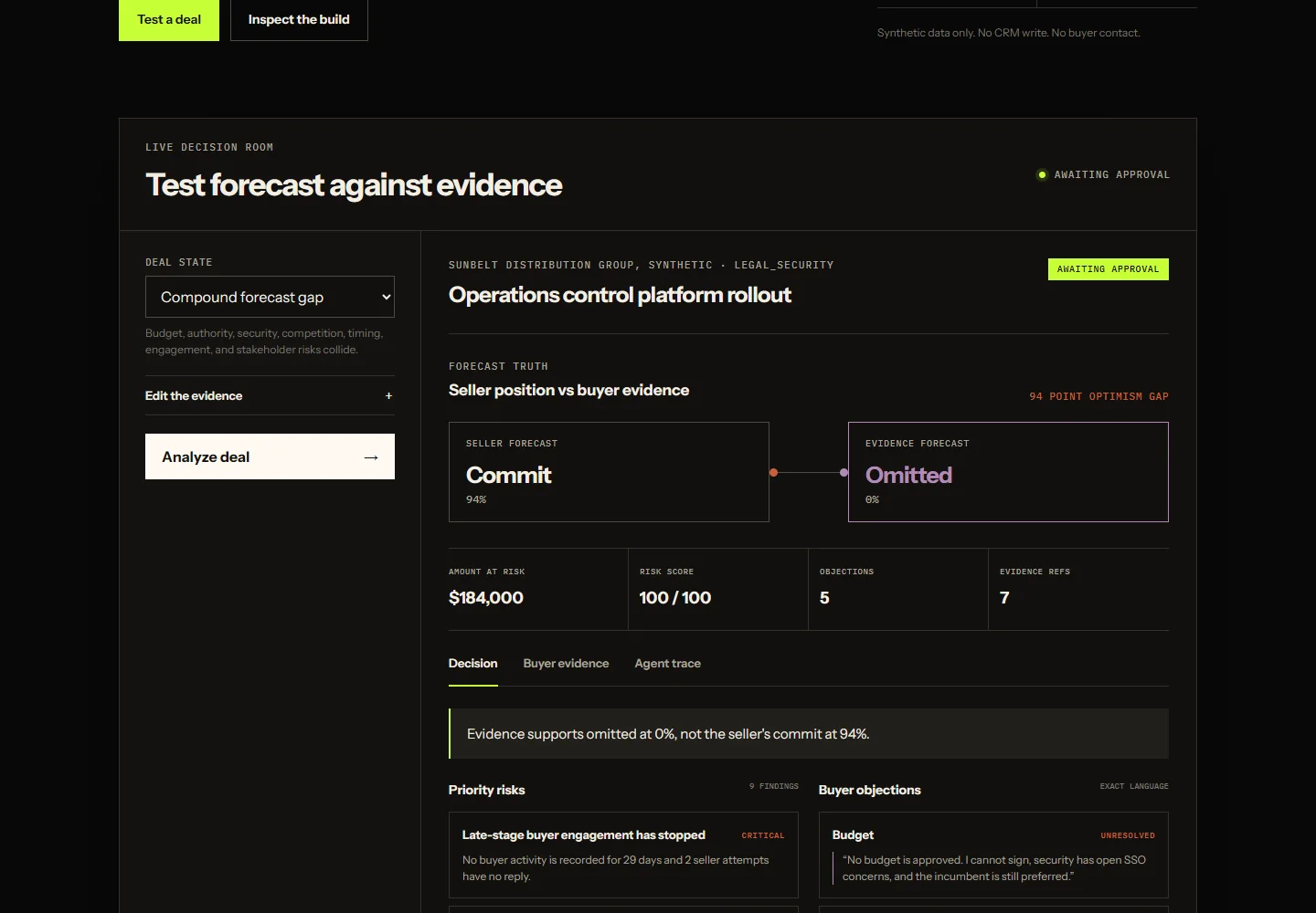 Deal Rescue and Forecast Truth interface comparing synthetic seller confidence with buyer evidence