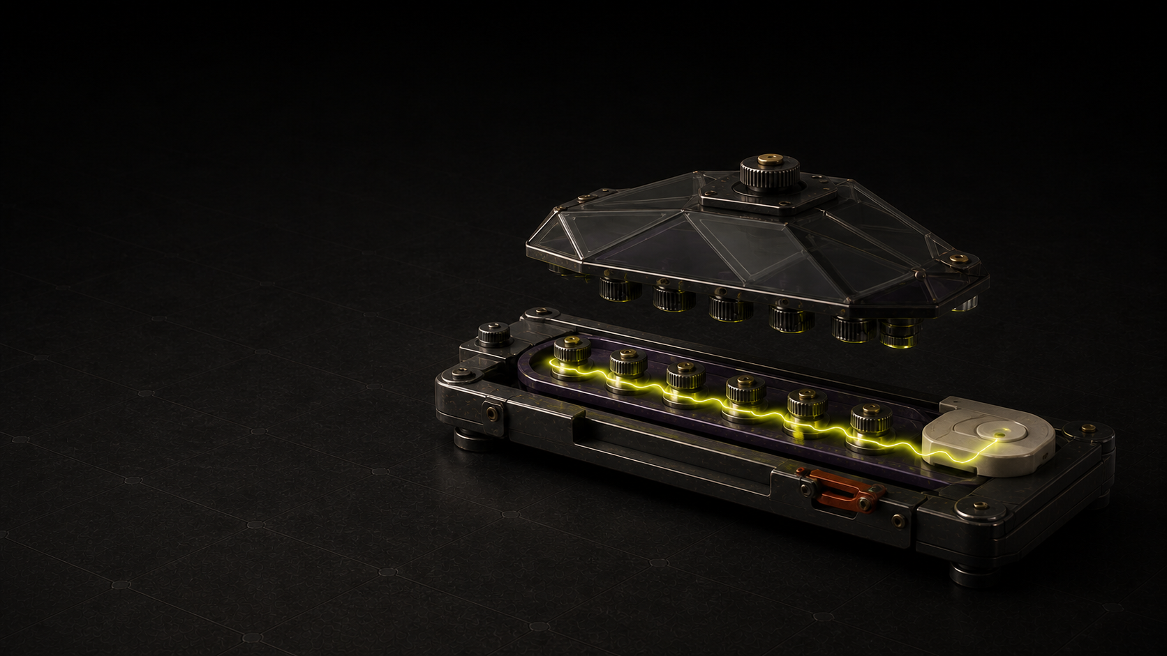 A premium obsidian AI tool dock with a faceted smoky glass capability module lifted above a business owned continuity rail. Lime energy still connects seven controls while a rust release latch and ivory recovery capsule remain visible.