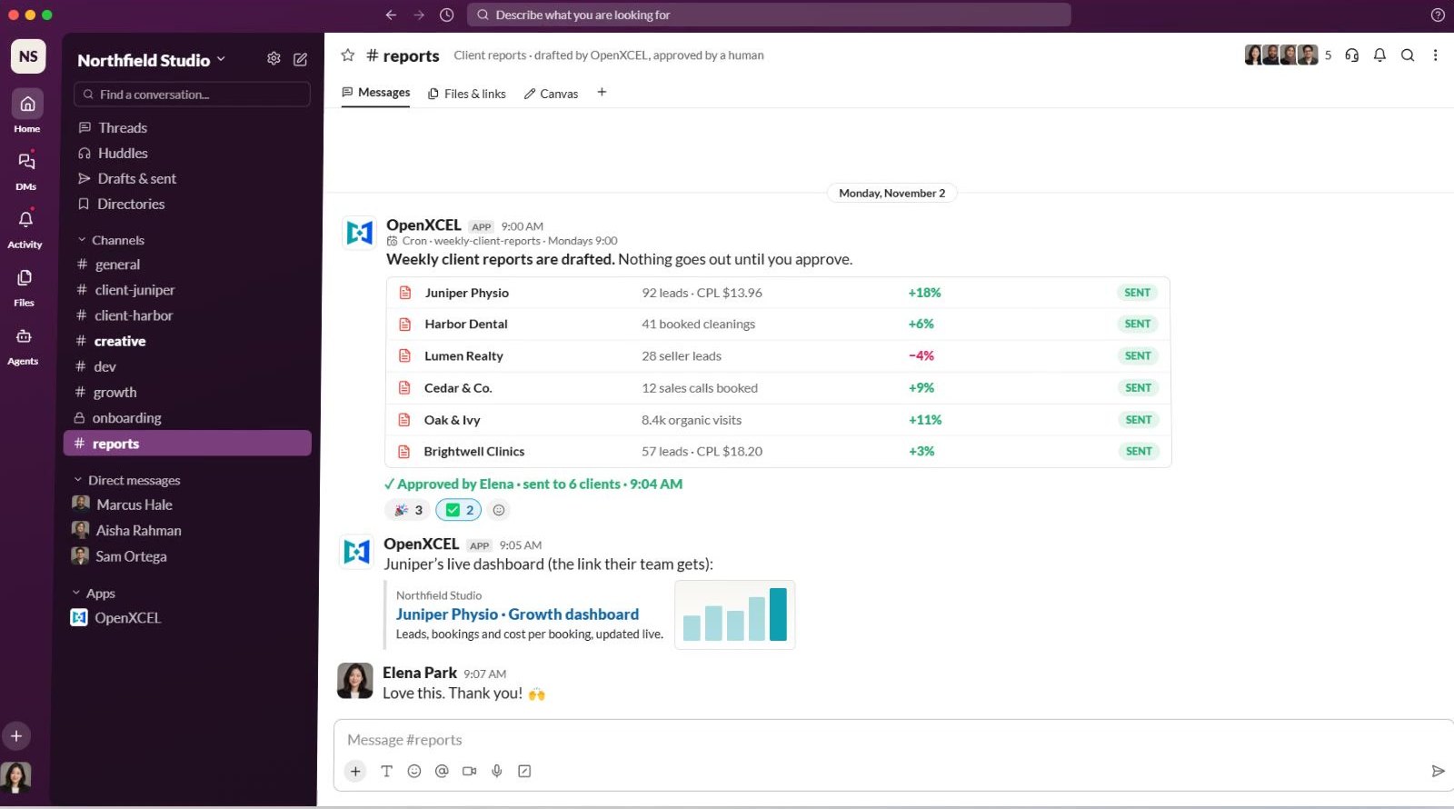 Slack #reports channel in the OpenXCEL product: weekly client reports for six sample clients, drafted by OpenXCEL and approved by a person before sending, followed by a link to a client's live dashboard.