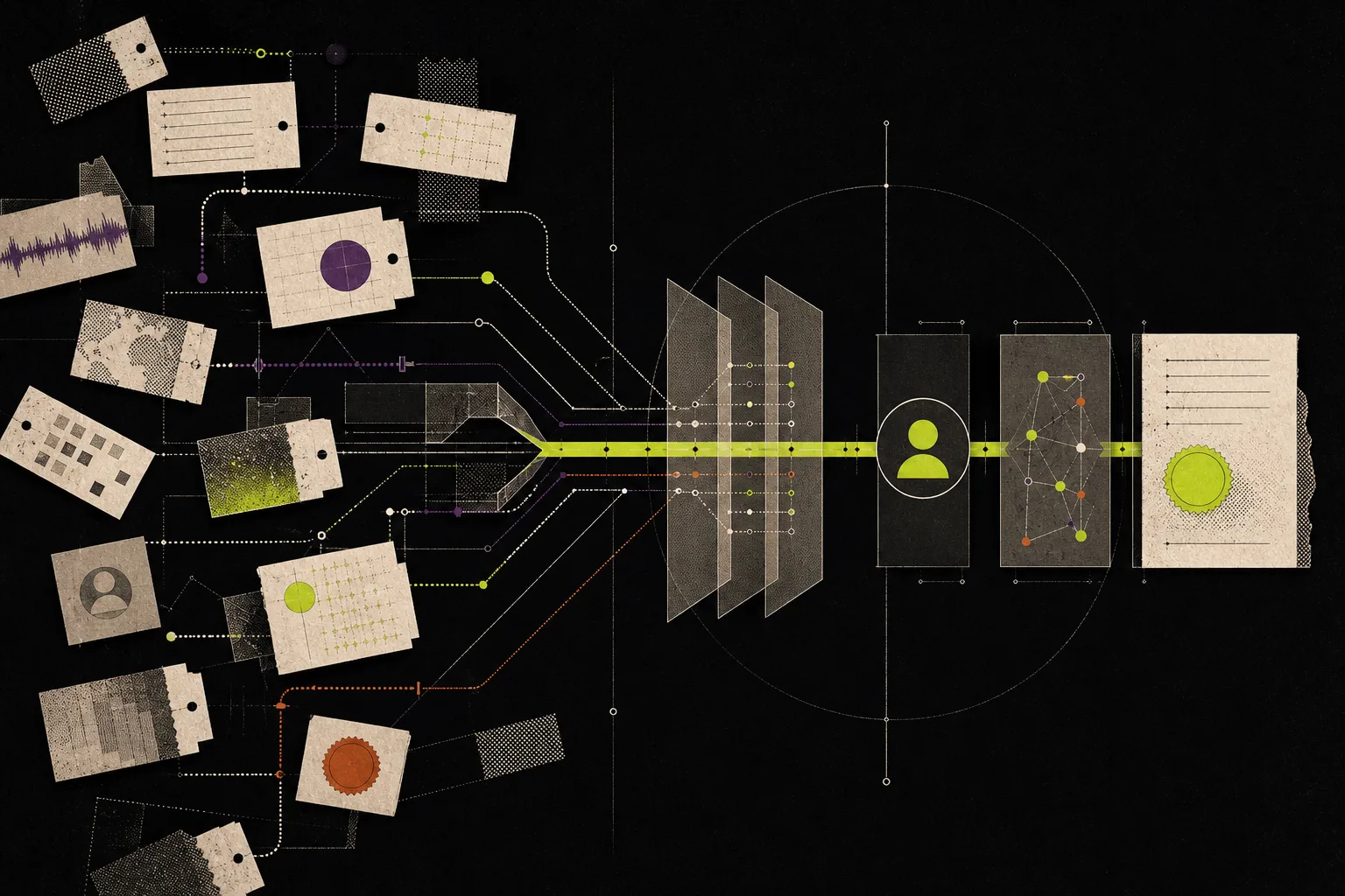 Fragmented customer records being reconciled into a reliable revenue state, owner, and evidence receipt