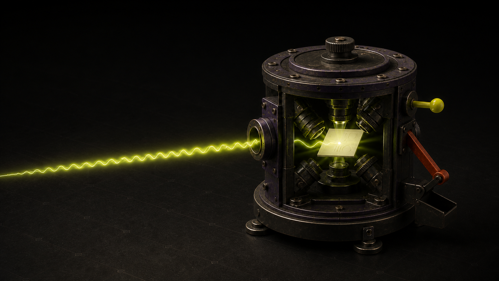 A tactile aubergine and dark metal voice draft proofing chamber on an obsidian floor. A lime waveform enters from the left while mechanical lenses inspect one suspended ivory draft card. A lime acceptance key and a rust rejection return chute remain separate.