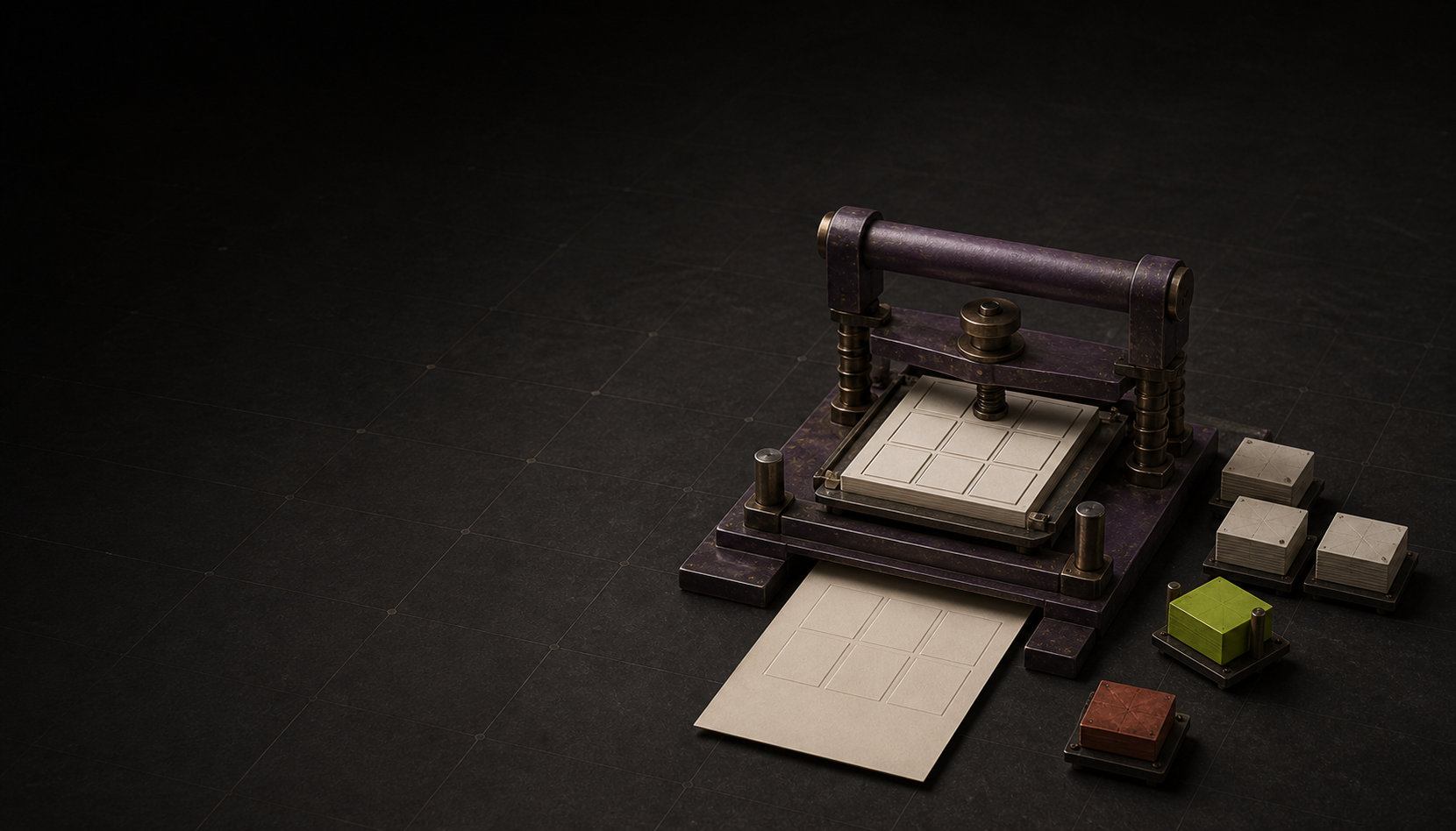 A tactile aubergine and dark metal workflow stencil press beside four current input cartridges, with one lime current input and one rust expired input.